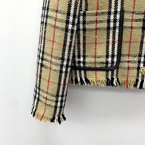 Burberry Plaid Tweed Jacket With Fringe Hem & Gold Buttons Womens Size S - Picture 3 of 8